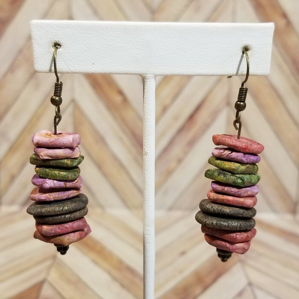 Pink and Brown Clay Beads Earrings, Bronze